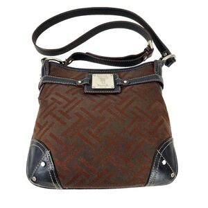 Tignanello Purse Shoulder Bag Black Brown Leatger Logo Fabric Handbag Crossbody